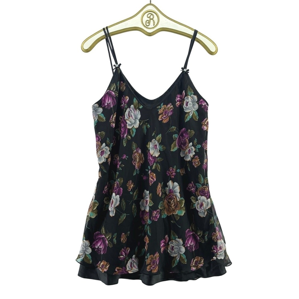 Vintage Floral Babydoll Nightgown Black Sheer Chiffon Lingerie 90s Y2K SMALL